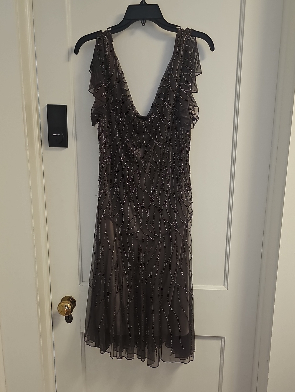 J Kara Grey Beaded V-Neck Cocktail Dress